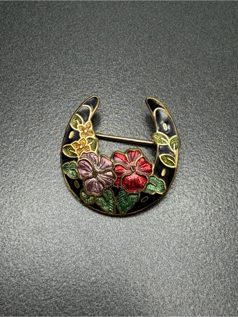 💕2/$20. Vintage Cloisonne Floral Enamel Horseshoe Brooch - #142clo